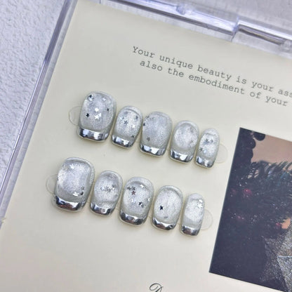 10Pcs Handmade Press on Nails Cat's Eye Shimmering Star Silver French False Nail for Women&Girls Removable Wearable Fake Nail