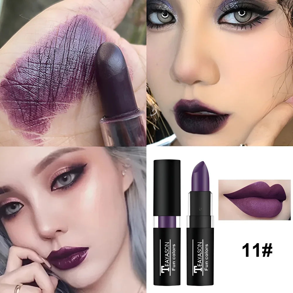 12 Colors Matte Nude Clay Lipstick Vampire Makeup Punk Black Lip Gloss Dark Paint Stick Durable Waterproof Lasting Cosmetics
