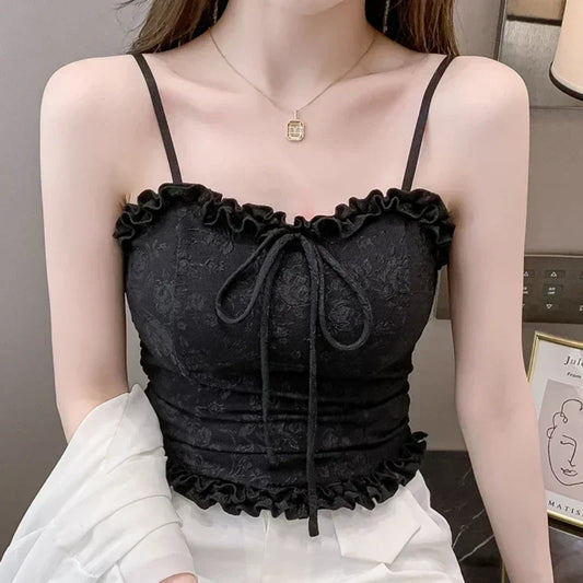 Women Camisole Sexy Solid Bowknot Sling One Piece Camisole Vest Sexy Ruched Trim Crop Tube Top Summer Breathable Women's Tank