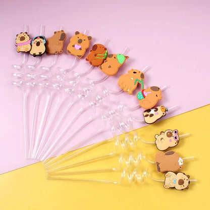 12pcs Cartoon Capybara Reusable Straws Durable PET Plastic,  Fun Animal Designs for Kids Parties, Birthdays, Home Decor Supplies