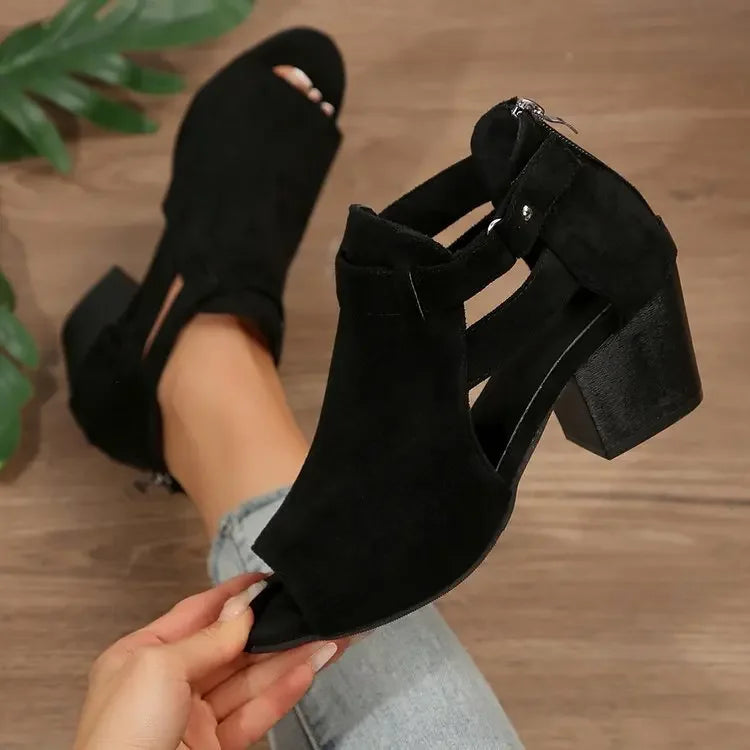 Jutty New Embroidered Rivet Large Size Thick Heel Women's Sandals High Heel Sandals Women round Toe Other Types of Heels