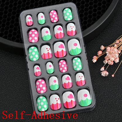 12pcs Cute Kids Dress-Up Fake Nail Girls Press on Nails Princess Pretend Play Toy Nail Tips Self-adhesive Children False Nails *