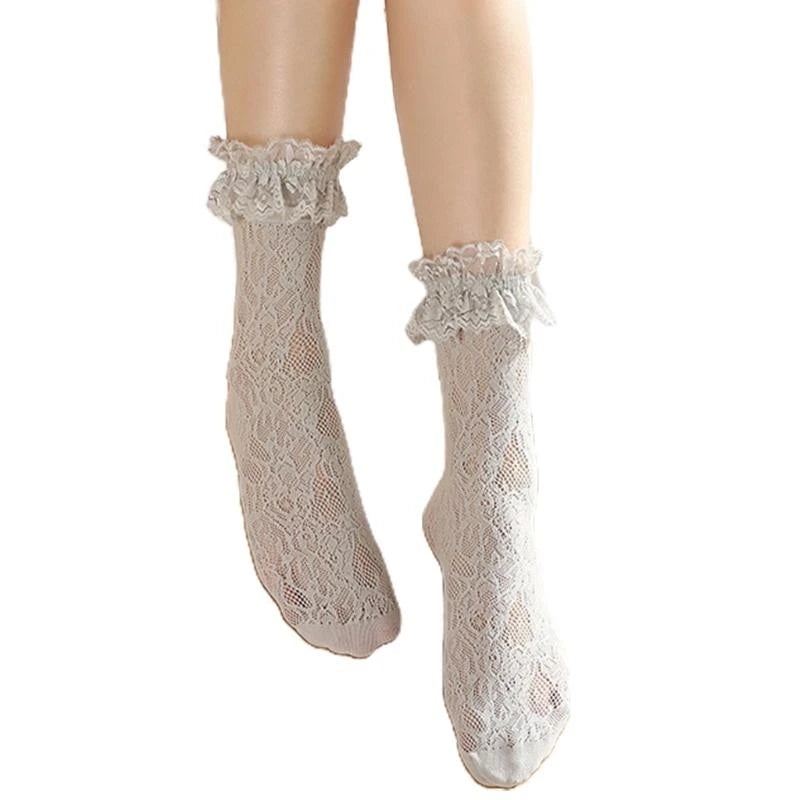 Women Lolita Transparent Mesh Crew Socks Sweet Ruffled Lace Trim Bowknot Cute Love Heart Pattern Anime Princess Hosiery