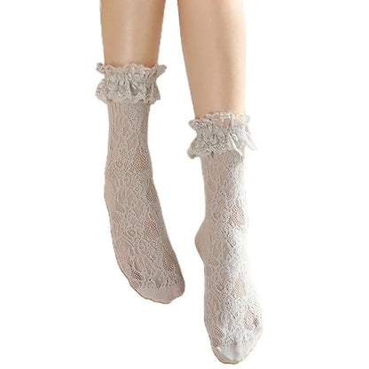 Women Lolita Transparent Mesh Crew Socks Sweet Ruffled Lace Trim Bowknot Cute Love Heart Pattern Anime Princess Hosiery