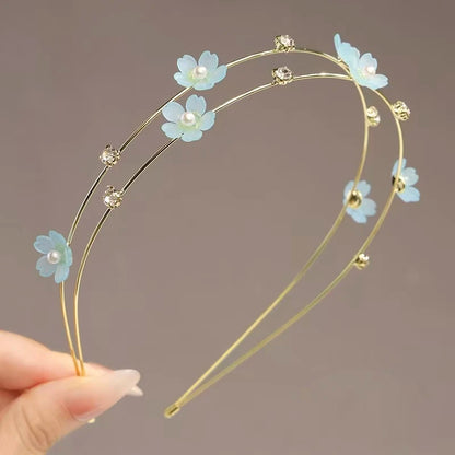 New Double Layer Metal Hairband Flower Pearl Headband for Women Headwear Shiny Rhinestone Hair Band Hoop Hair Accessories