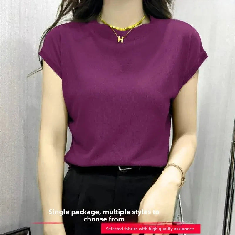 High Elasticity Ice Silk Thread Summer New Loose Women's T-Shirt Short Sleeve Crew Neck Simple Style Pure Color Top