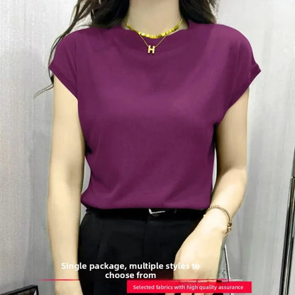High Elasticity Ice Silk Thread Summer New Loose Women's T-Shirt Short Sleeve Crew Neck Simple Style Pure Color Top