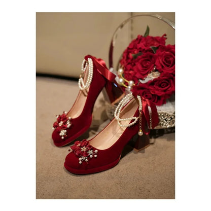 Red Wedding Shoes, Two-wear Wedding Dress, Mary Jane's Thick and High Heel Women's Shoes 2025 New Style