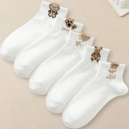 5 Pairs Women Cartoon Teddy Bear Patterned Ankle Socks Versatile Fashionable Creative Breathable Comfortable Casual Socks