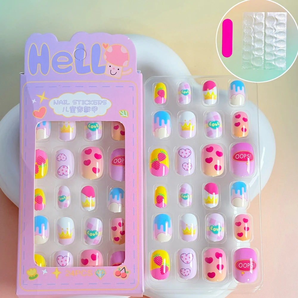24PC/Box Children's Press On Nails With Jelly Glue Girl's Colorful Cartoon Full Cover Bear Bunny Cat Pattern Fake Nail FalseNail