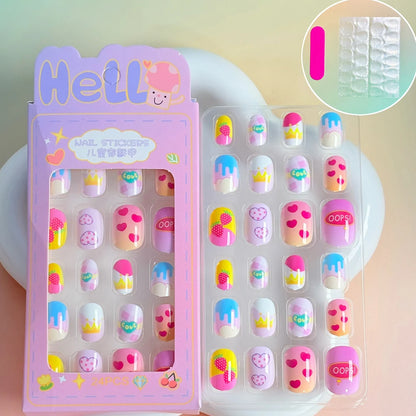 24PC/Box Children's Press On Nails With Jelly Glue Girl's Colorful Cartoon Full Cover Bear Bunny Cat Pattern Fake Nail FalseNail