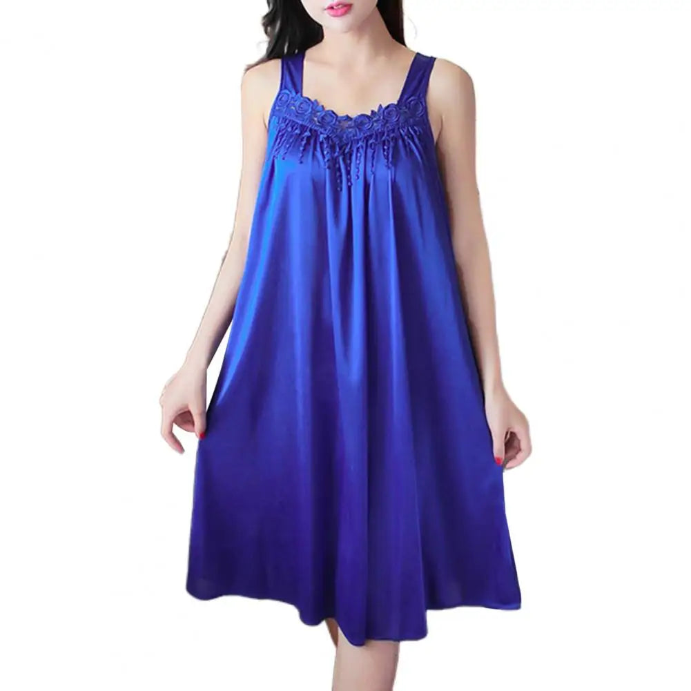 Lady Pajamas Solid Color Smooth Lace Patchwork Night Dress Comfortable Ventilate Casual Fashion Summer Women Night Gown Nightie