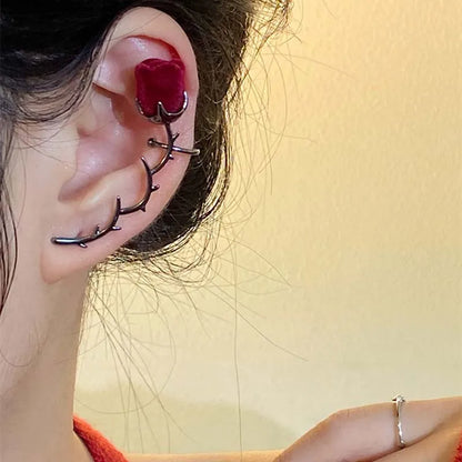 Vintage Red Velvet Rose Flower Thorn Clip Earrings For Women Fashion Creative Without Piercing  Ear Cuff Party Jewelry Gifts