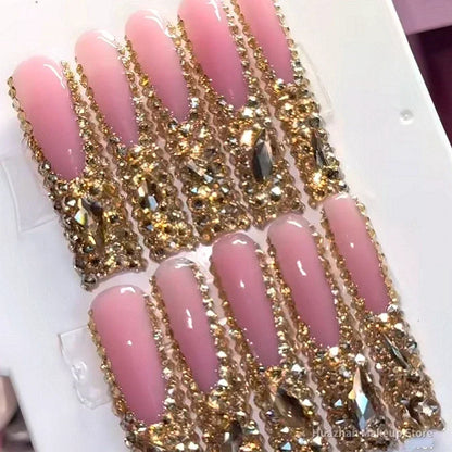 Customized Bling Rhinestone XXXL Press On Nails Handmade Luxury 5CM Long Coffin Stiletto False Nail Tip Reusable Fake Nail Party