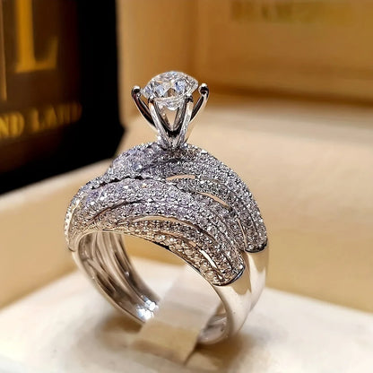 Silver Plated Double Ring Zirconia Wedding Ring For Women Minimalist And Luxurious Engagement Jewelry Wedding Anniversary Gift