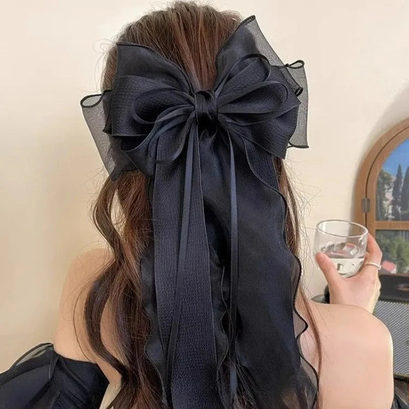 Women Elegant Lace Bow Ribbon Hair Clips Solid Color Satin Заколка Бант Girls Korean Hairpins Party Headdress Hair Accessories