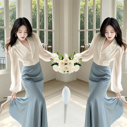 New High End Fashion Two Piece Set Women Elegant Satin Lapel Puff Long Sleeve Shirt + High Waist A-line Skirt Office Lady Suit