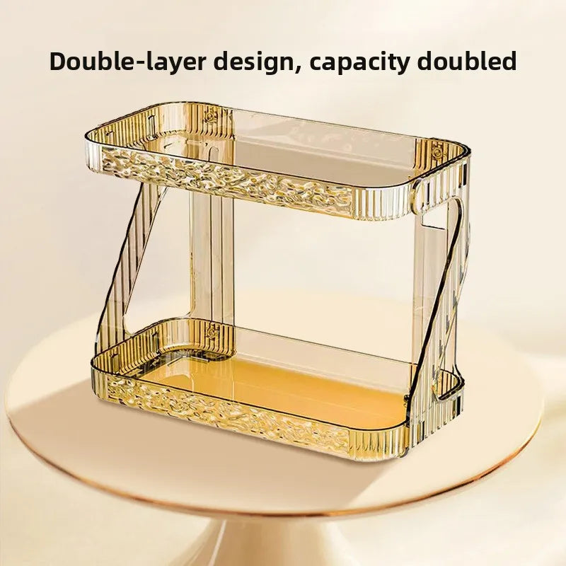 Gold Luxury Double Layer Bathroom Kitchen Vanity Cosmetic Transparent Storage Rack No Drilling Required Modern Minimalist Design