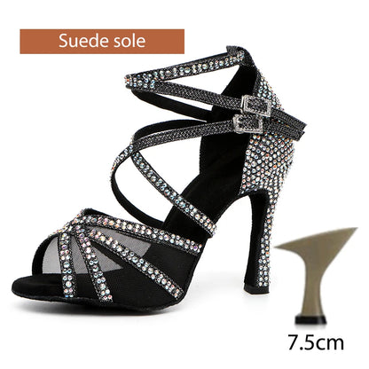 DKZSYIM Rhinestone Women Latin Dance Shoes Latin Salsa Girl Dancing Shoes Black Shiny Ballroom Dance Shoes For Girls Ladies