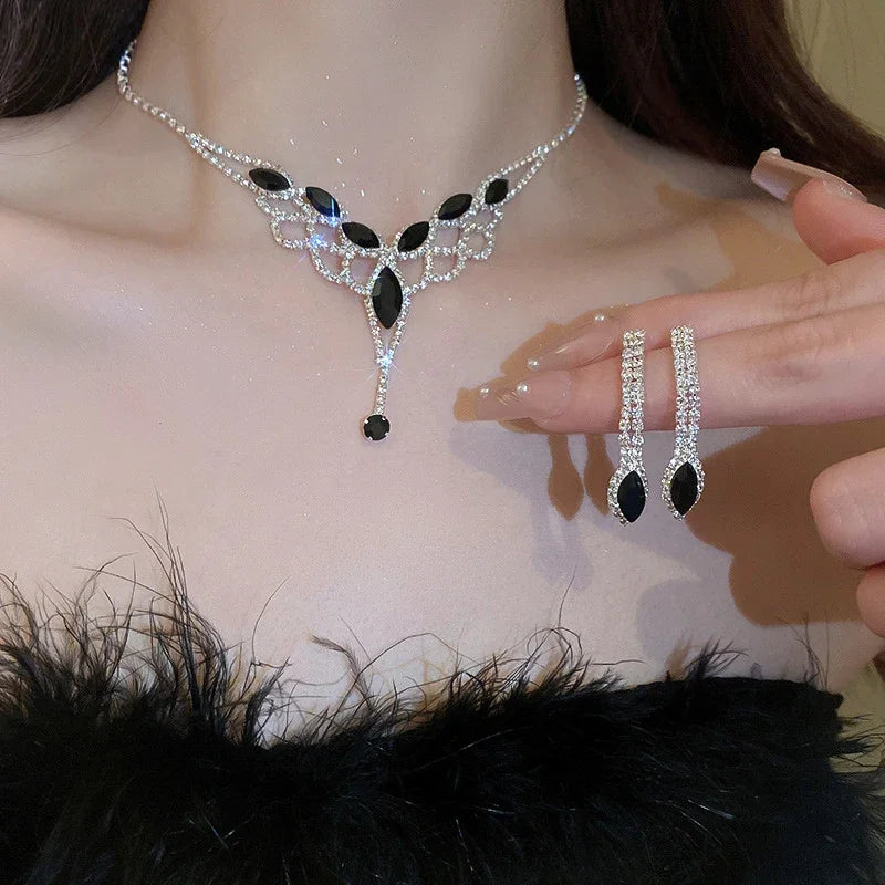 2Pcs/lot Simple Fashion Geometric Zircon Necklace Earrings Kit For Women Wedding Bride Jewelry Set Accessories Gift