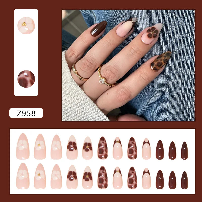 Caramel Flower 24 Pcs Press on Nails Pink Gradient Fake Nails Glossy Artificial Finger Manicure Reusable False Nails for Women