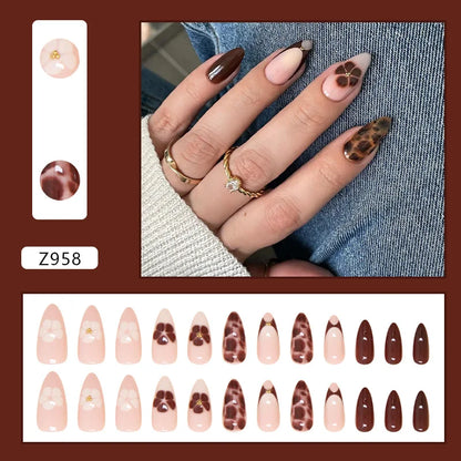 Caramel Flower 24 Pcs Press on Nails Pink Gradient Fake Nails Glossy Artificial Finger Manicure Reusable False Nails for Women