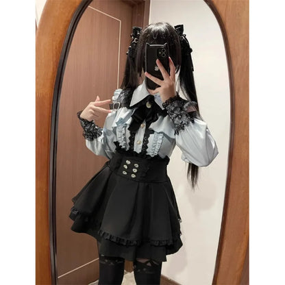 Women‘s Lolita Set Dark Femme Mesh Top & Waist Cinching Skirt, 2025 Autumn Japanese Street Style Coord for Gothic Baddie Fashion
