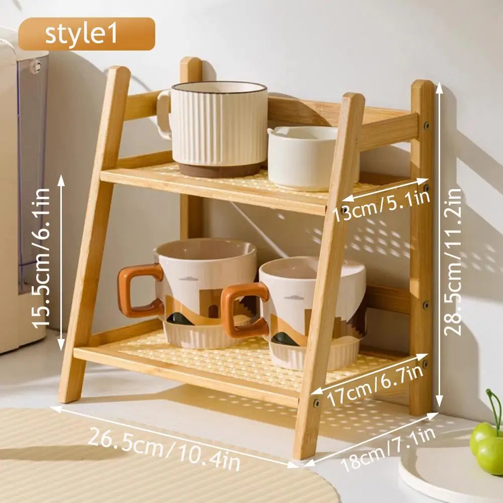 2 Laye Bamboo Counter Top Organizer Coffee Cup Holder Display Rack Storage Rack For Kitchen Condiment Grocery Storage Shelf