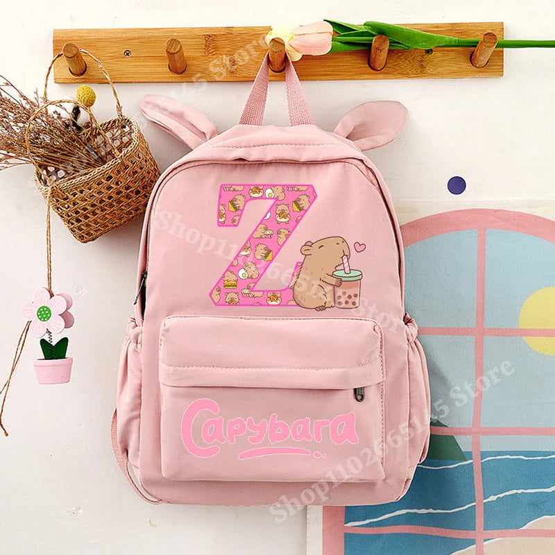 Capybara Cute Backpack Girls Capibara Anime Letter A-Z Schoolbag Kids School Travel Shoulders Bag Outdoor Sport Rucksack Gift