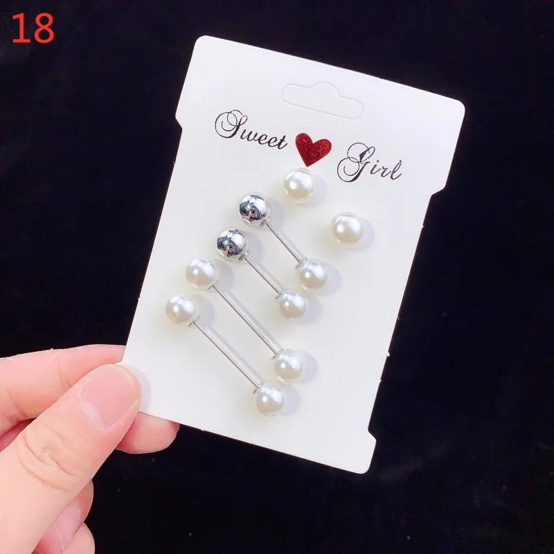 6pc Pearl Brooches Set Waist Buckle Cardigan Jeans Button Brooch Pins Women Sweater Coat Anti Fall Pearls Clothes Pin Decoration