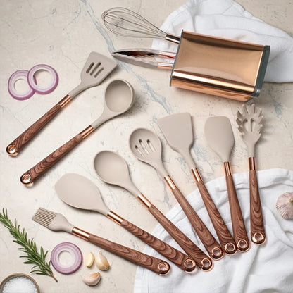 Silicone Cooking Utensils Set Non-Scratch Non-Stick Heat Resistant Spatula Spoon Rose Gold Handle With Bucket Kitchen Gift