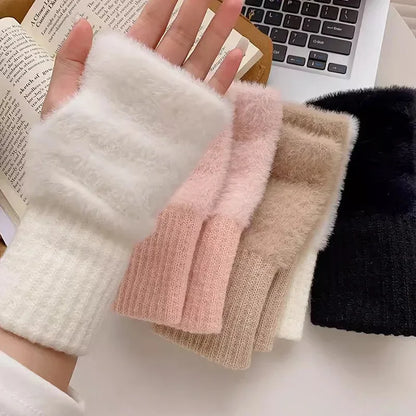 Women's Knitted Fingerless Gloves Touchscreen Thermal Plush Gloves for Autumn Winter Non-Slip Grip