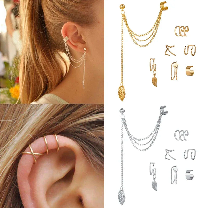 10 Pcs Leaves Clip Earrings for Women Rose Gold Color Creative Simple C Ear Cuff Non-Piercing Ear Clips Set Trend Jewelry Gift