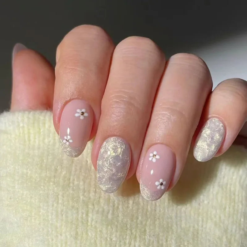 24Pcs Square Press-on Nails Set with Pink Flower Patterns Full Cover Acrylic French Nail Tips Adhesive For Stylish Women/Girls