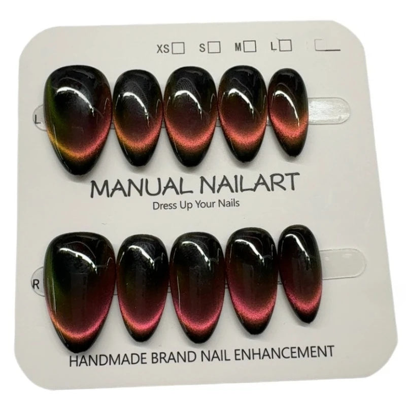 10pcs Black Full Cover Nail Tips Almond Handmade False Nails Art Wearable Solid Color Cat's Eye Press on Nail for Women&Girls