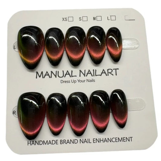 10pcs Black Full Cover Nail Tips Almond Handmade False Nails Art Wearable Solid Color Cat's Eye Press on Nail for Women&Girls