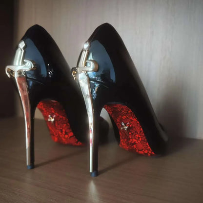 Metallic Dagger High Heel Pointed Toe Women's Shoes Ultra-Finch Skin Printed Red Bottom Comfortable Wear Ultra High Heels