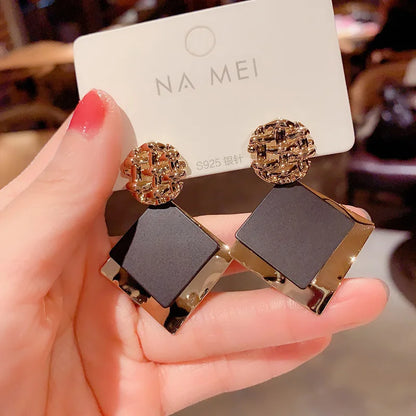 Double Color Rhombus Shape Dangle Earrings For Women Hollow Golden Metal Lattice Drop Earrings Geometry Party Punk Jewelry