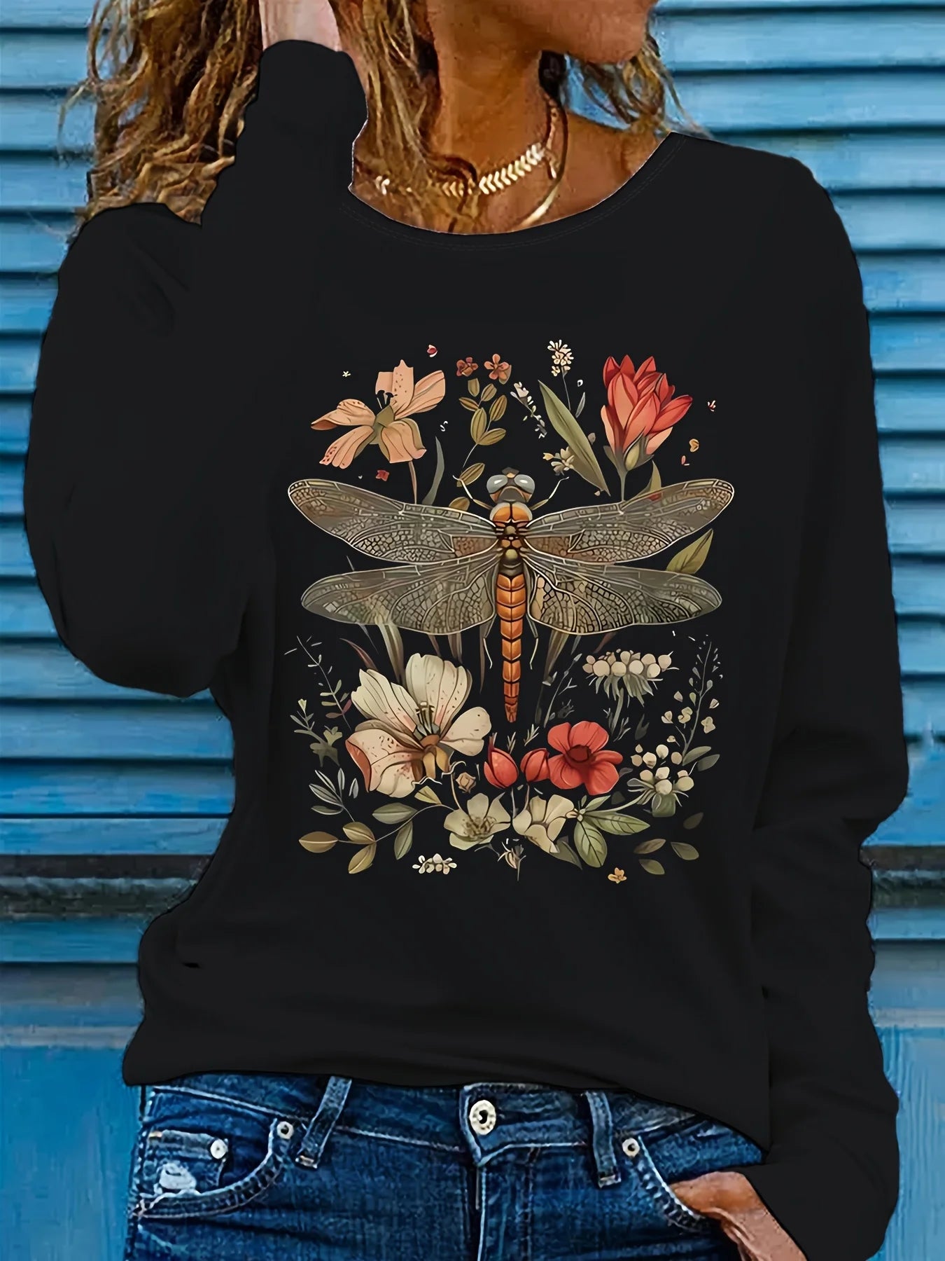 Heart Love Print Crew Neck T shirt Casual Autumn winter top women's long sleeved T-shirt loose comfortable black  white