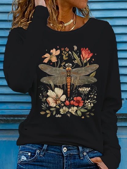 Heart Love Print Crew Neck T shirt Casual Autumn winter top women's long sleeved T-shirt loose comfortable black  white