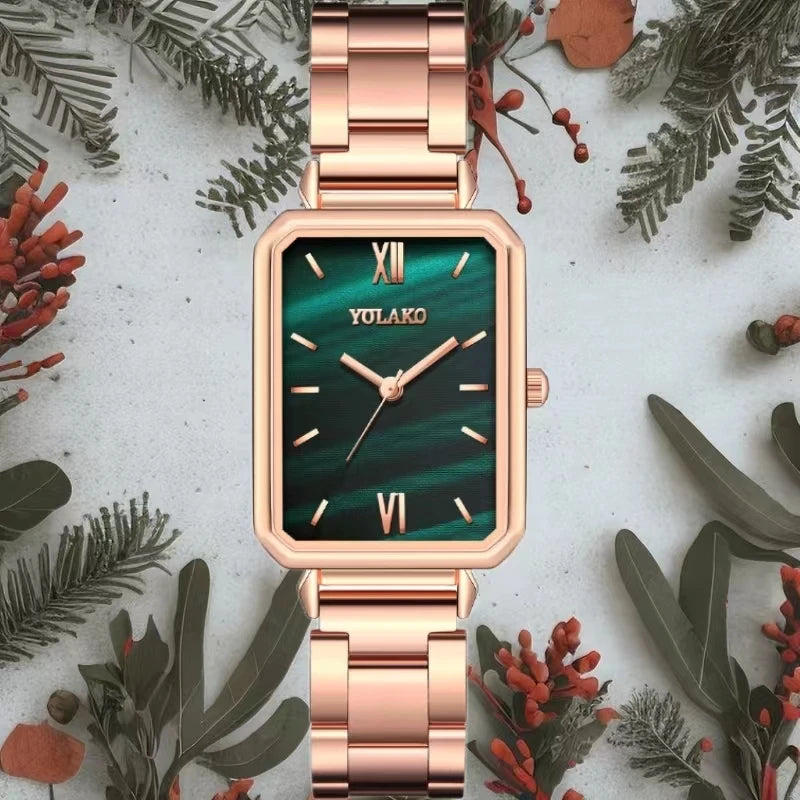 Women's Fashion Square Green Classic Wrist Retro Small Wristwatch Casual Quartz Watch For Lady