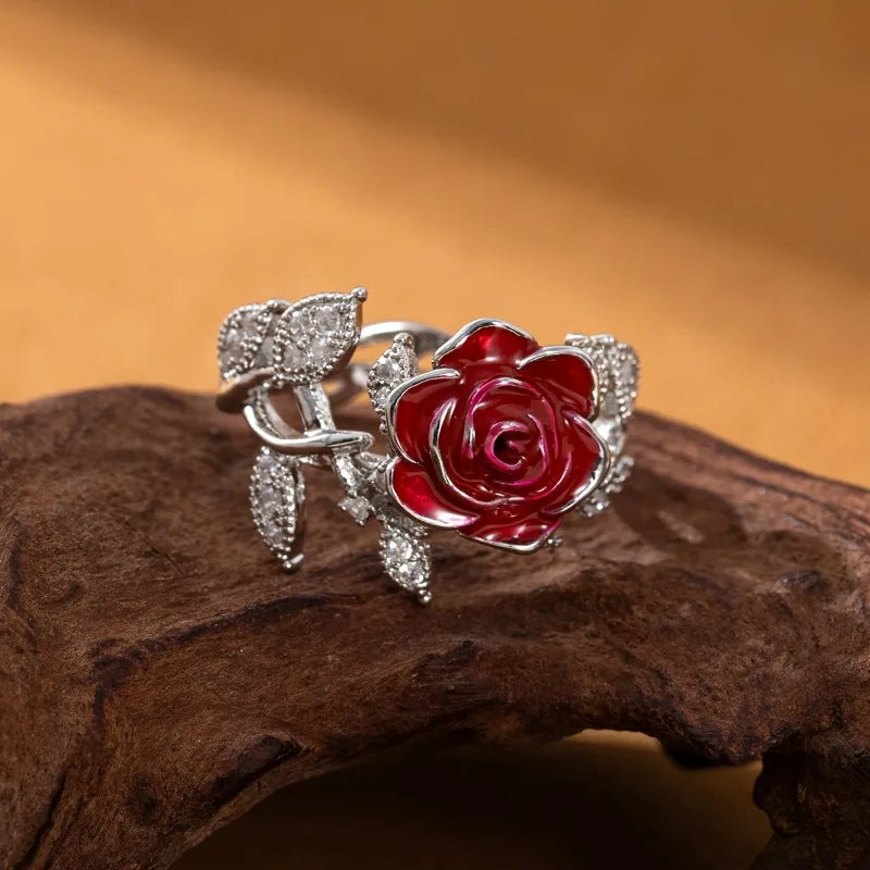 Vintage Red Rose Flower Ring for Women Elegant Jewelry Gift for Valentine's Day Anniversary Engagement Wedding Christmas