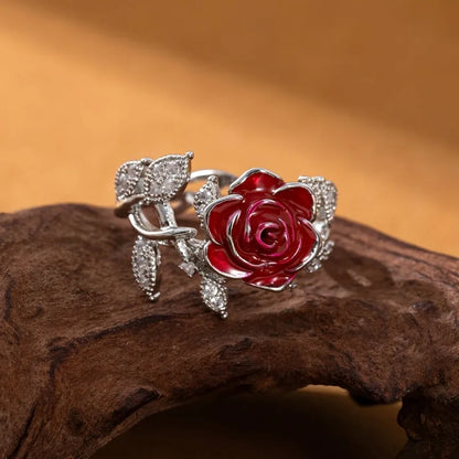 Vintage Red Rose Flower Ring for Women Elegant Jewelry Gift for Valentine's Day Anniversary Engagement Wedding Christmas