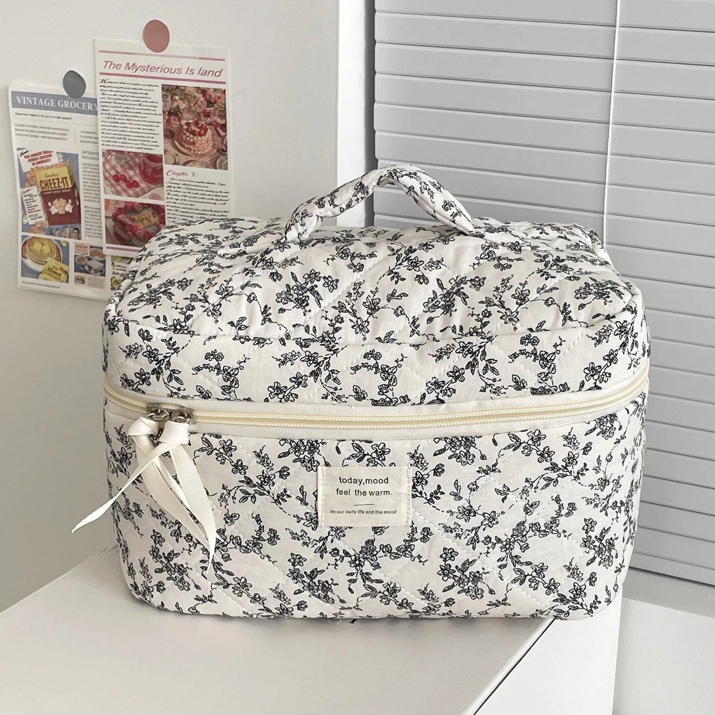 Fashion Ins Black Flower Women Quilting Bags Handbag Travel Organizer Cosmetic Makeup Storage Pouch Portable Zipper Tote Bag