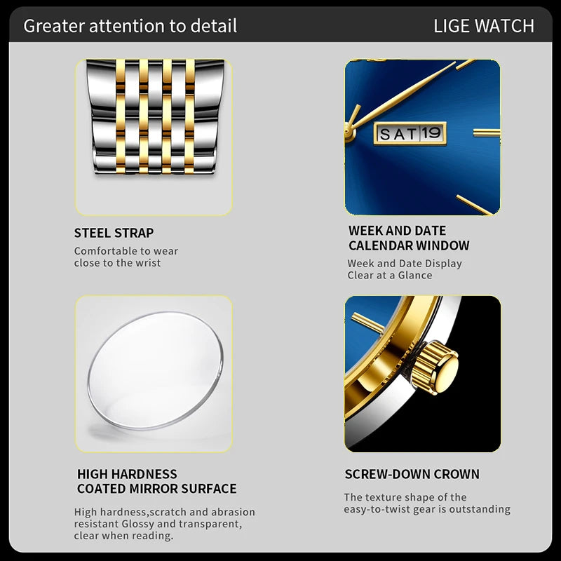 LIGE Top Brand Quartz Watches For Men Fashion Business Luxury Mens Watch Waterproof Date Steel Strap Wristwatches Reloj Hombre