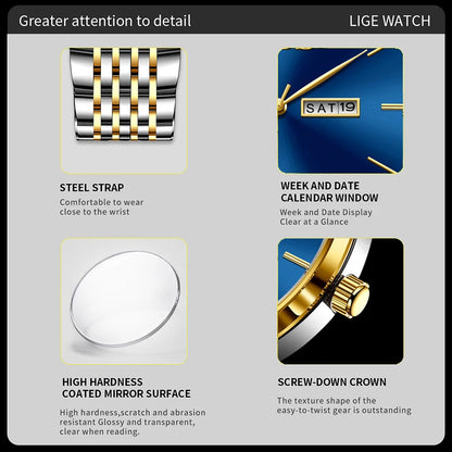 LIGE Top Brand Quartz Watches For Men Fashion Business Luxury Mens Watch Waterproof Date Steel Strap Wristwatches Reloj Hombre
