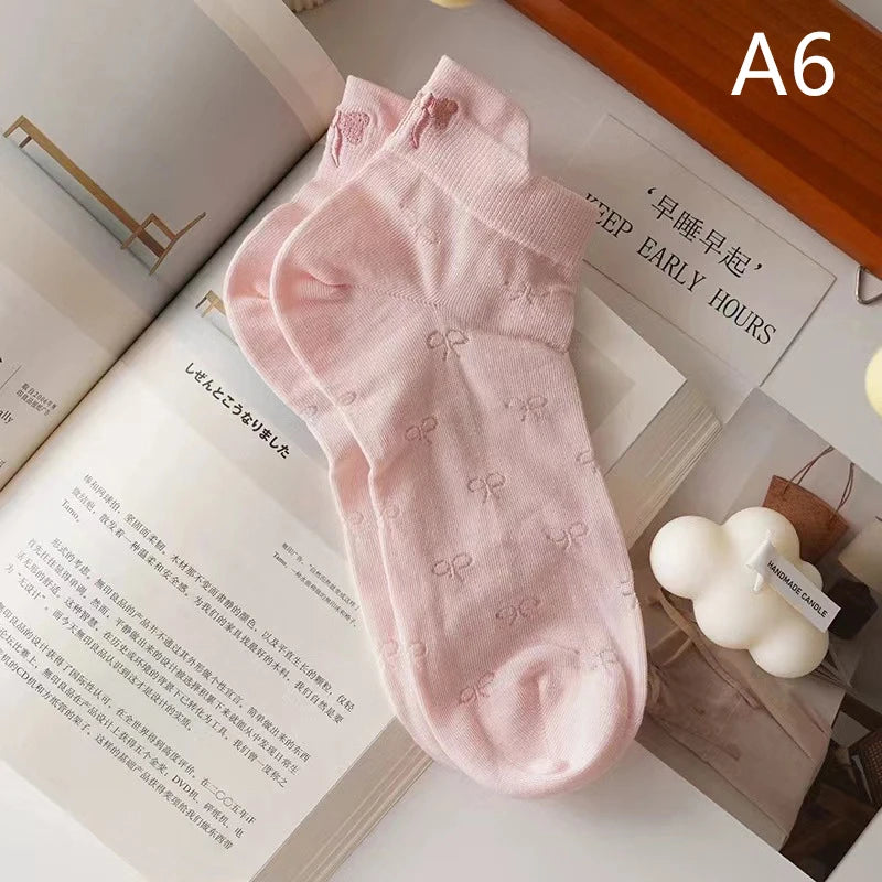 New Design Heel Bow Women Short Socks Lolita Kawaii Summer Thin Breathable Hollow Out Low Tube Sock Ins Trend White Cotton Socks