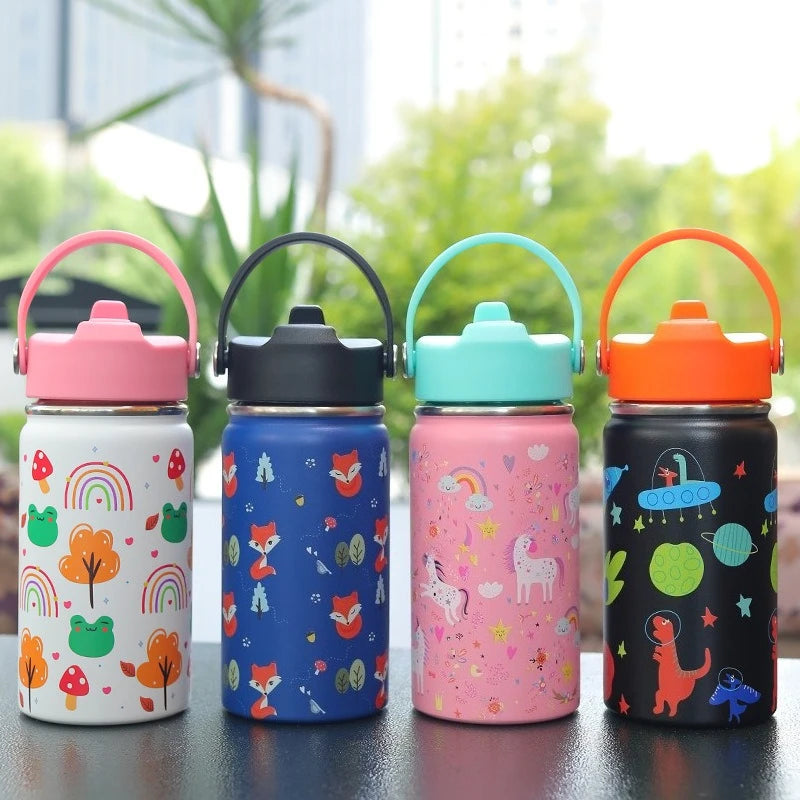 12oz Kids Water Bottle Cartoon Animal Children's Cup With Straw Stainless Steel Vacuum Flacks Thermos Bottle Thermal Mug Cups