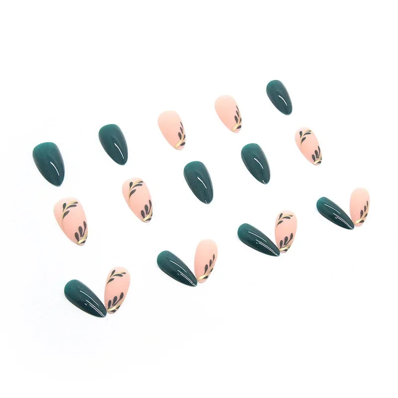 Fresh Green Tea 24 Pcs Fake Nail with Jelly sticker Press on False Nails Wearable Round Head Oval Full Cover Nail Tips