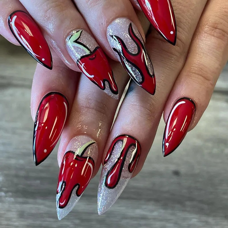 24pcs/set Long Stiletto Fake Nails Punk Snake Pattern Black White Matte False Nails Artificial Full Nail Tips Manicure Tools